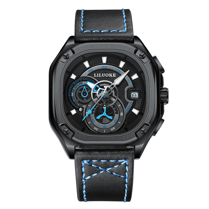 LILUOKE Men's Fashion Watch – Multifunction Quartz Chronograph with Date, Leather Strap, Skeleton Dial, (DT-LK9007G)