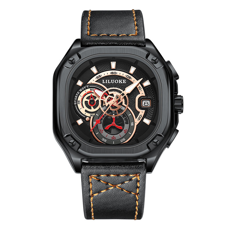 LILUOKE Men's Fashion Watch – Multifunction Quartz Chronograph with Date, Leather Strap, Skeleton Dial, (DT-LK9007G)