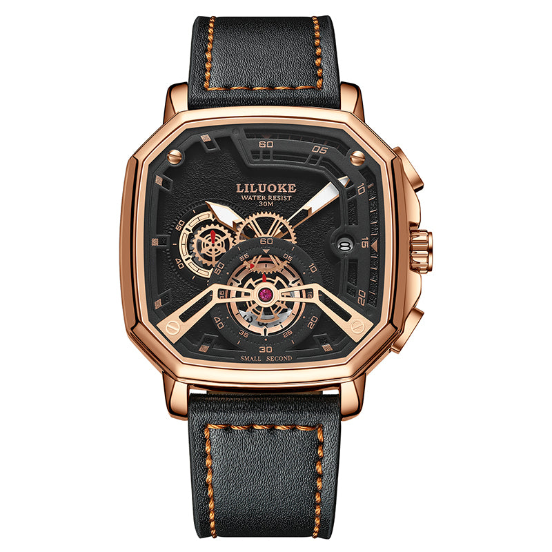 LILUOKE Men’s Skeleton Watch – Mechanical-Style Quartz Wristwatch with Leather Band, Hexagonal Case, （DT-LK9006G）