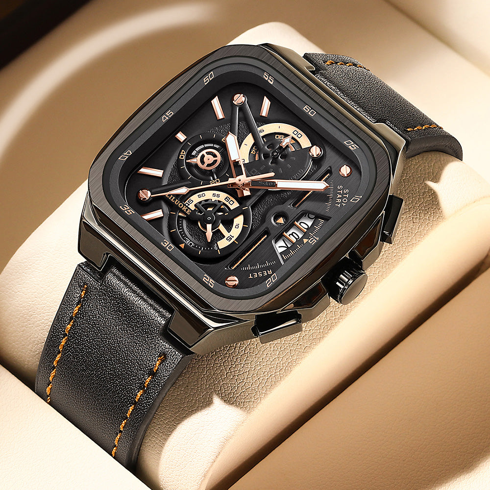 LILUOKE Men's Quartz Watch – Multifunction Chronograph with Date, Square Skeleton Dial, Leather Strap, (DT-LK9008G)