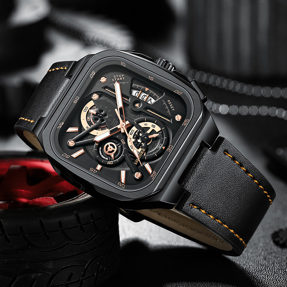 LILUOKE Men's Quartz Watch – Multifunction Chronograph with Date, Square Skeleton Dial, Leather Strap, (DT-LK9008G)