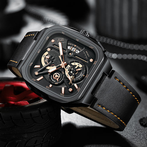 LILUOKE Men's Quartz Watch – Multifunction Chronograph with Date, Square Skeleton Dial, Leather Strap, (DT-LK9008G)