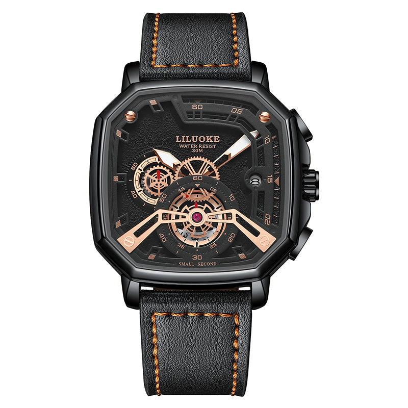 LILUOKE Men’s Skeleton Watch – Mechanical-Style Quartz Wristwatch with Leather Band, Hexagonal Case, （DT-LK9006G）