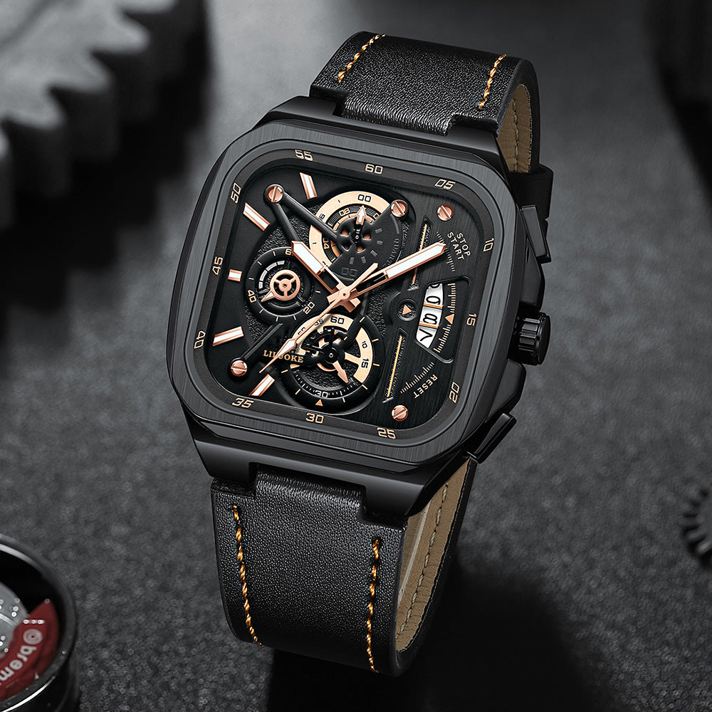 LILUOKE Men's Quartz Watch – Multifunction Chronograph with Date, Square Skeleton Dial, Leather Strap, (DT-LK9008G)