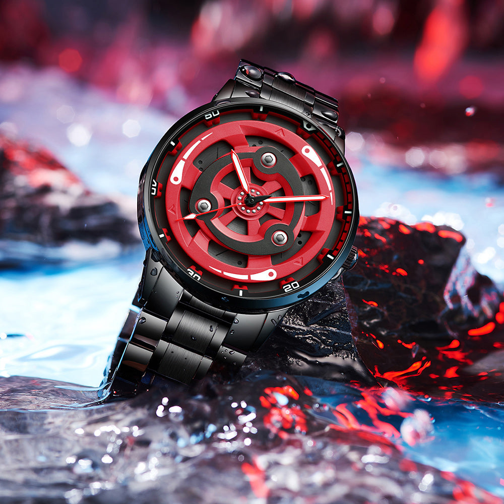 Unspoken Power -- Experience the Allure of a Red & Black Gradient Steel Timepiece Featuring a Subtly Rotating Design, Impeccable Craftsmanship, and a Versatile（A2075G001）