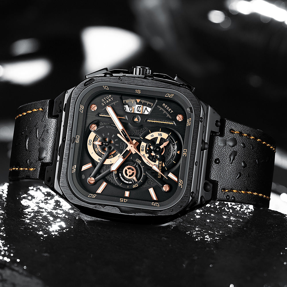 LILUOKE Men's Quartz Watch – Multifunction Chronograph with Date, Square Skeleton Dial, Leather Strap, (DT-LK9008G)