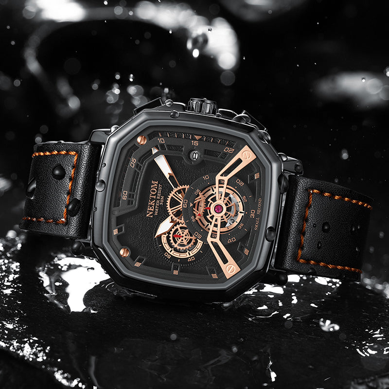 LILUOKE Men’s Skeleton Watch – Mechanical-Style Quartz Wristwatch with Leather Band, Hexagonal Case, （DT-LK9006G）