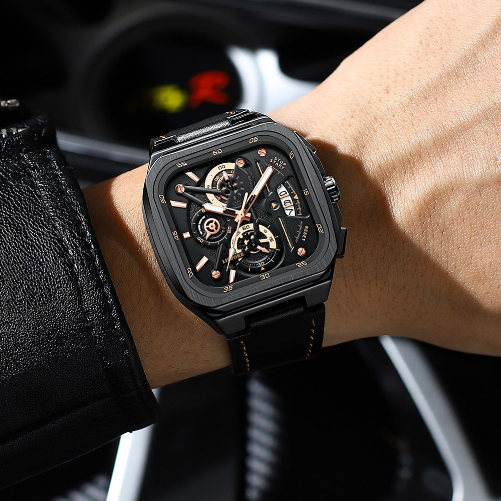 LILUOKE Men's Quartz Watch – Multifunction Chronograph with Date, Square Skeleton Dial, Leather Strap, (DT-LK9008G)