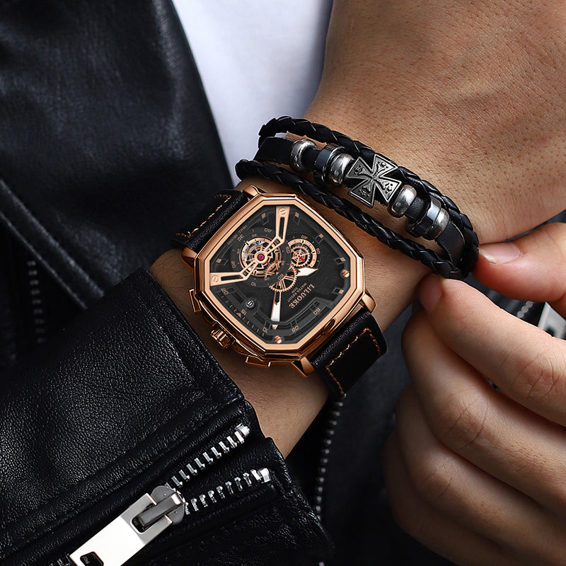 LILUOKE Men’s Skeleton Watch – Mechanical-Style Quartz Wristwatch with Leather Band, Hexagonal Case, （DT-LK9006G）