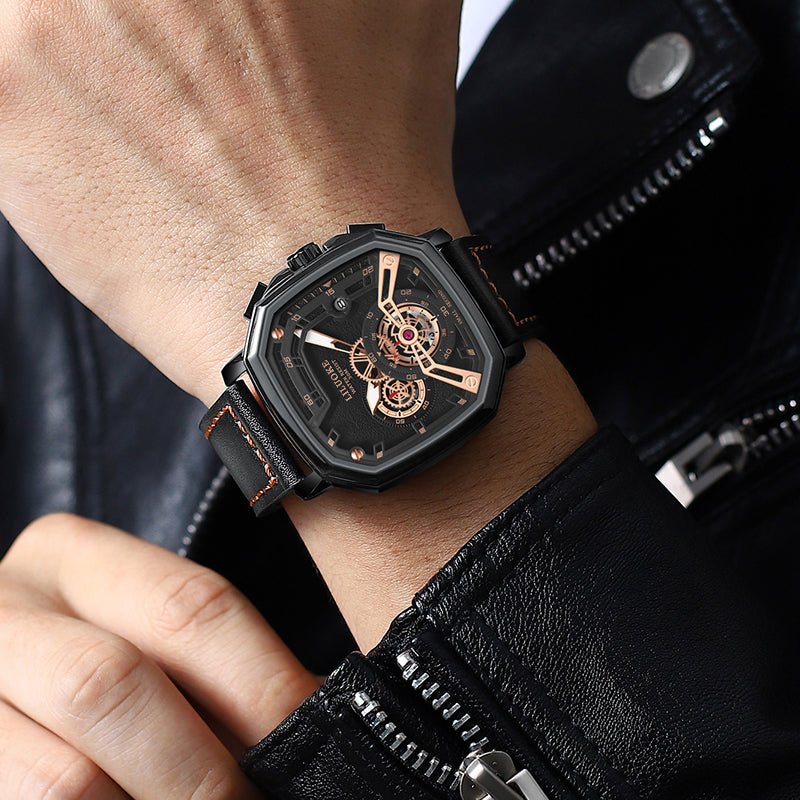 LILUOKE Men’s Skeleton Watch – Mechanical-Style Quartz Wristwatch with Leather Band, Hexagonal Case, （DT-LK9006G）