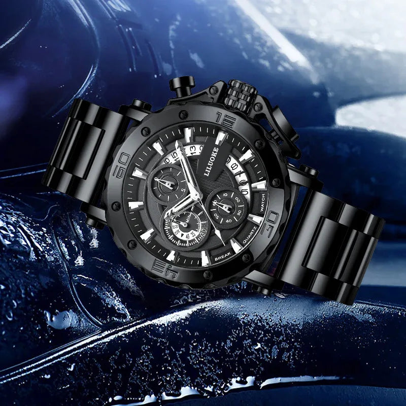 LILUOKE Men's Watch Multifunction Large-Dial Quartz Watch, Stainless Steel Strap, Waterproof Sports Casual Timepiece（DT-LK9011G-01） - Liluoke Watches