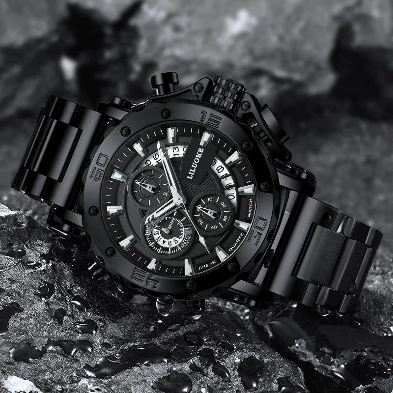 LILUOKE Men's Watch Multifunction Large-Dial Quartz Watch, Stainless Steel Strap, Waterproof Sports Casual Timepiece（DT-LK9011G-01） - Liluoke Watches