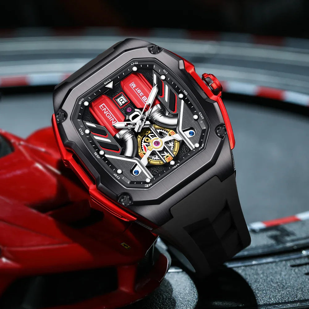 ENGIN 9033 Speed Series Racing-Inspired Automatic Watch – 41mm 3D Honeycomb Skeleton Dial, Luminous Hands & Markers, Lightweight Alloy Case, Soft Silicone Band, 50 m Water Resistant（DT-LK9033G） - Liluoke Watches