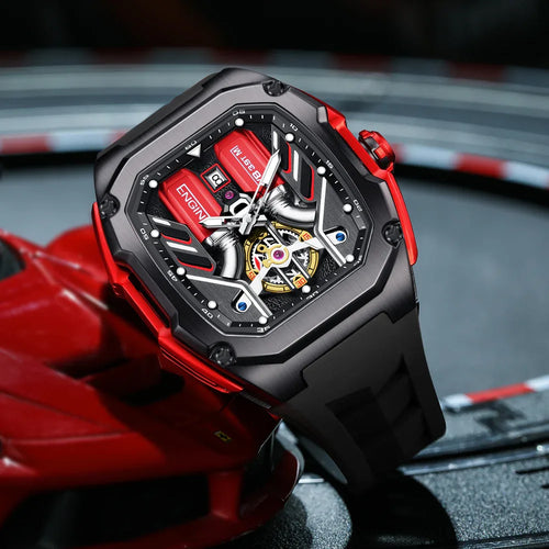 ENGIN 9033 Speed Series Racing-Inspired Automatic Watch – 41mm 3D Honeycomb Skeleton Dial, Luminous Hands & Markers, Lightweight Alloy Case, Soft Silicone Band, 50 m Water Resistant（DT-LK9033G） - Liluoke Watches