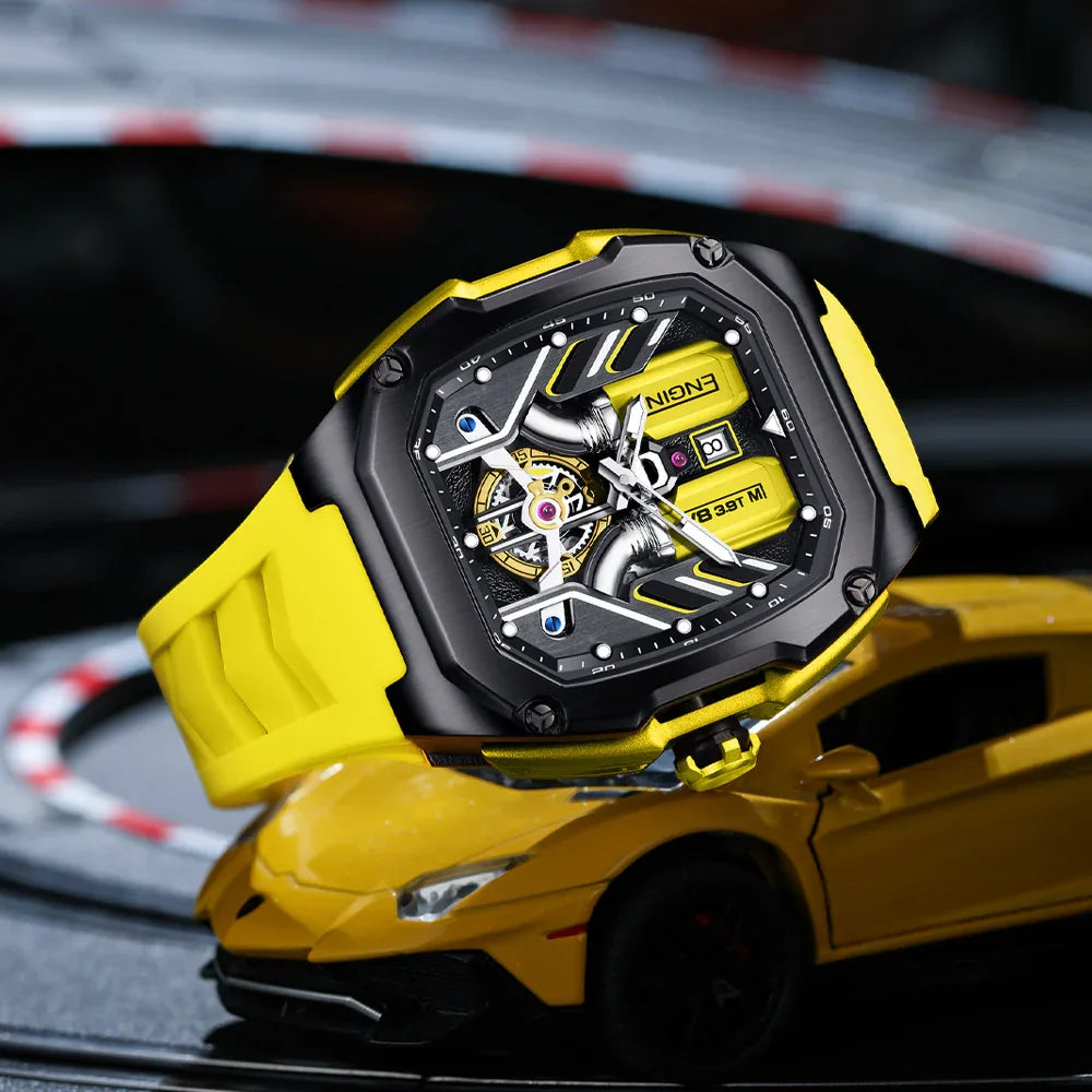 ENGIN 9033 Speed Series Racing-Inspired Automatic Watch – 41mm 3D Honeycomb Skeleton Dial, Luminous Hands & Markers, Lightweight Alloy Case, Soft Silicone Band, 50 m Water Resistant（DT-LK9033G） - Liluoke Watches
