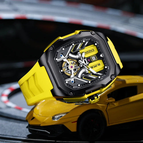 ENGIN 9033 Speed Series Racing-Inspired Automatic Watch – 41mm 3D Honeycomb Skeleton Dial, Luminous Hands & Markers, Lightweight Alloy Case, Soft Silicone Band, 50 m Water Resistant（DT-LK9033G） - Liluoke Watches