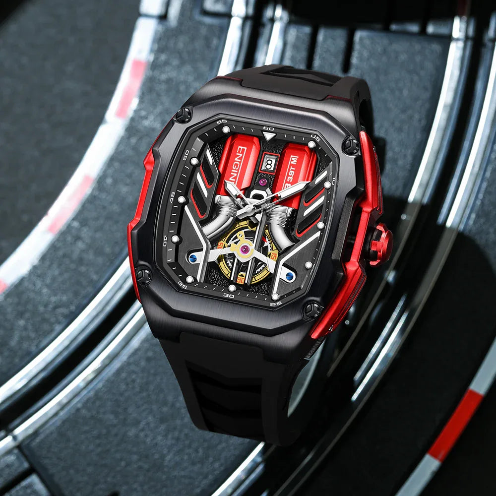 ENGIN 9033 Speed Series Racing-Inspired Automatic Watch – 41mm 3D Honeycomb Skeleton Dial, Luminous Hands & Markers, Lightweight Alloy Case, Soft Silicone Band, 50 m Water Resistant（DT-LK9033G） - Liluoke Watches