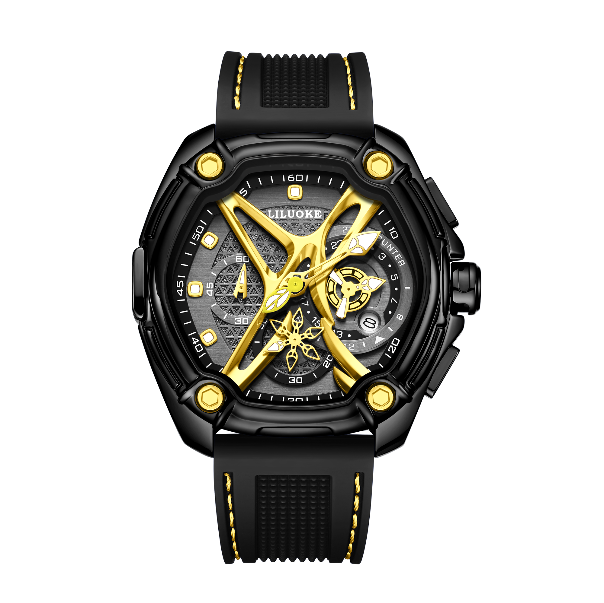 LiluokeWatches X‑Frame Skeleton Chronograph Watch – Industrial Hex‑Screw Accent & Geometric Skeleton Dial | High‑Precision Japanese Quartz Movement （DT-LK9027G)