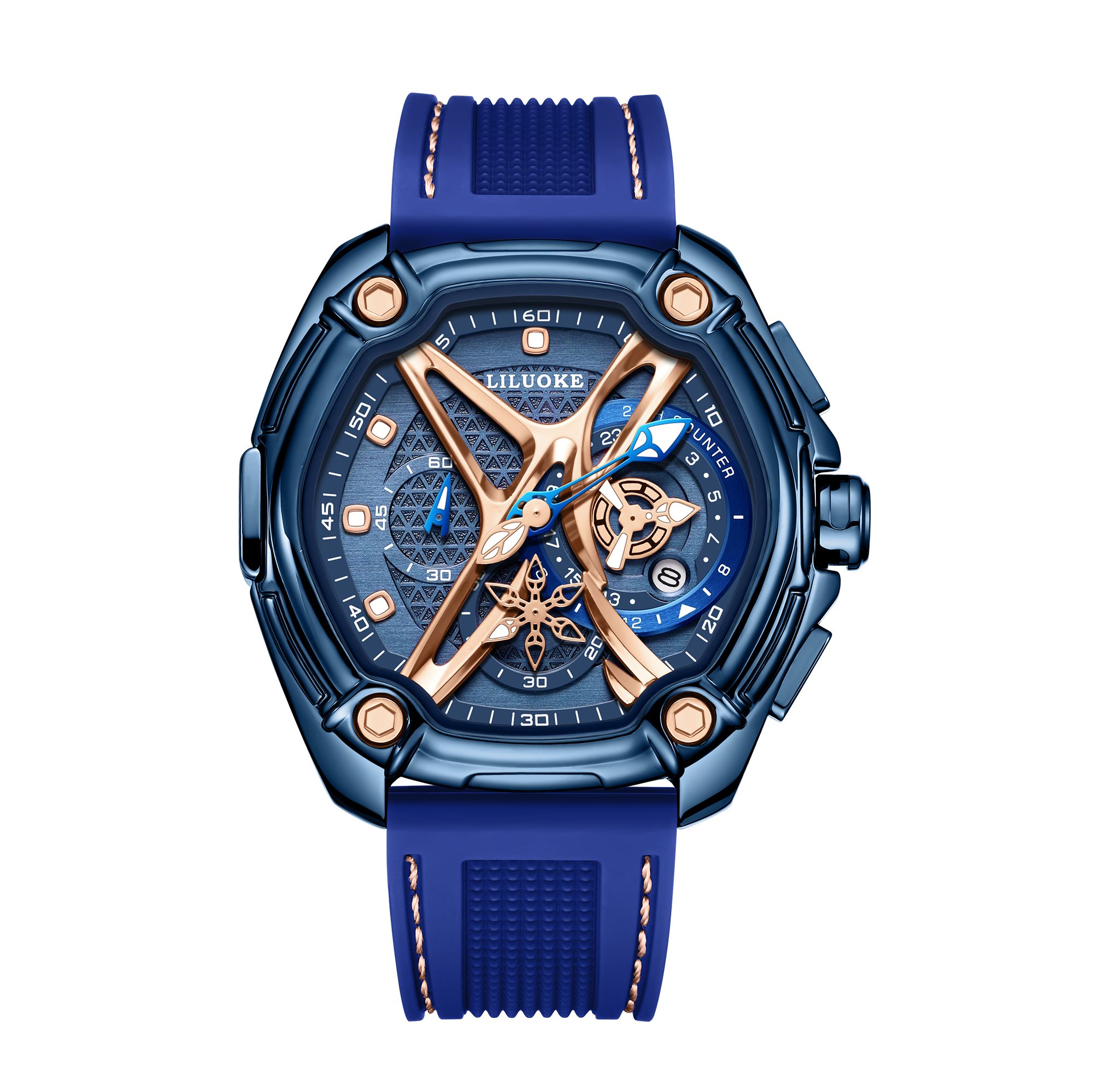 LiluokeWatches X‑Frame Skeleton Chronograph Watch – Industrial Hex‑Screw Accent & Geometric Skeleton Dial | High‑Precision Japanese Quartz Movement （DT-LK9027G)