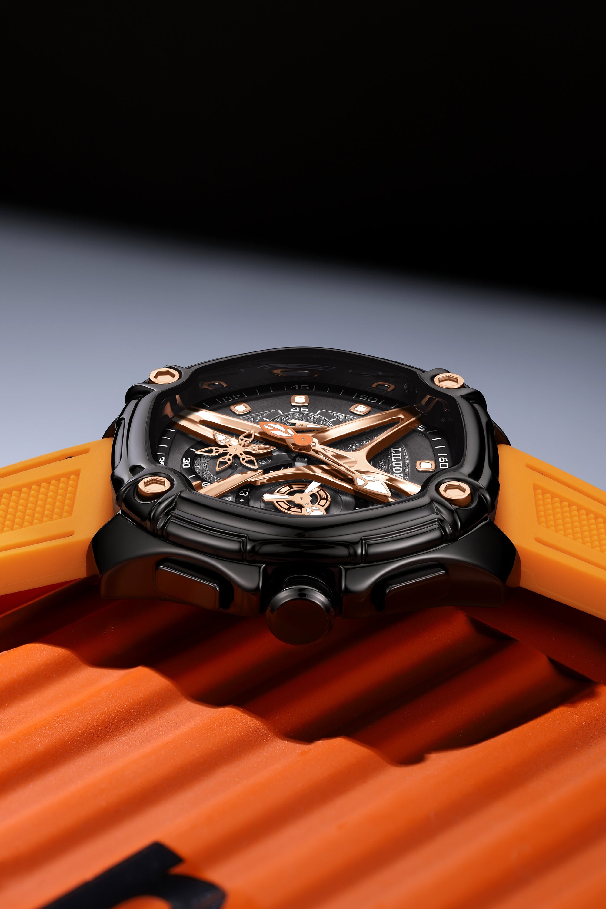 LiluokeWatches X‑Frame Skeleton Chronograph Watch – Industrial Hex‑Screw Accent & Geometric Skeleton Dial | High‑Precision Japanese Quartz Movement （DT-LK9027G)