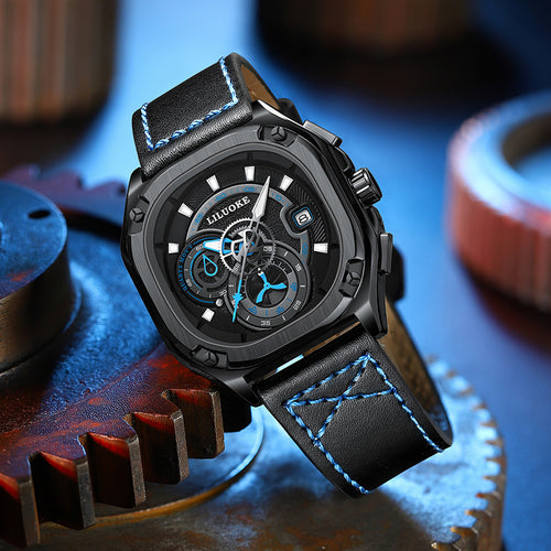 LILUOKE Men's Fashion Watch – Multifunction Quartz Chronograph with Date, Leather Strap, Skeleton Dial, (DT-LK9007G)