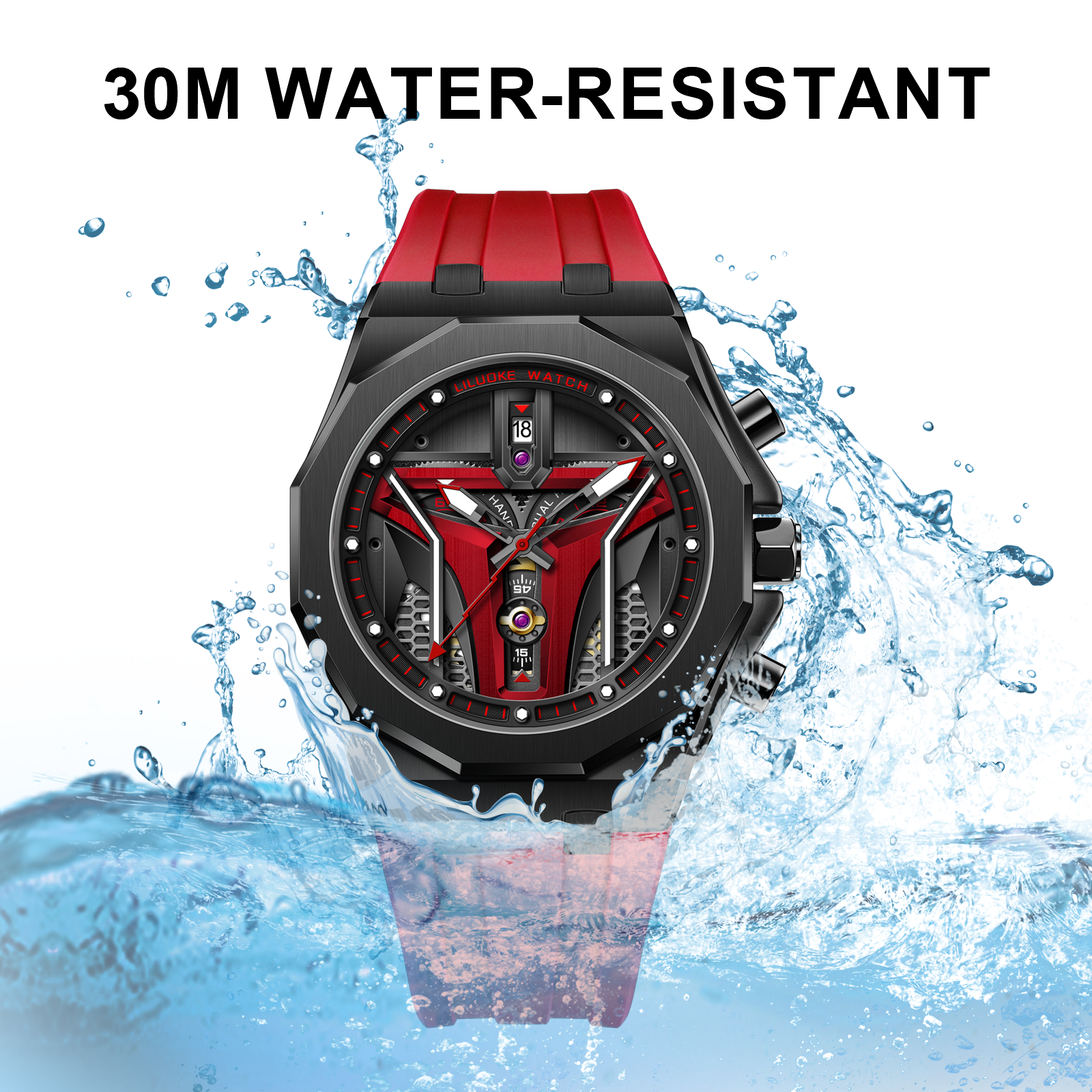 LILUOKE Watches for Men Cool Dress Watch 30ATM Luminous Skeleton Design, Star Wars' Mandalorian Concept Watches (LK9015G, DT-LK9015G-01)