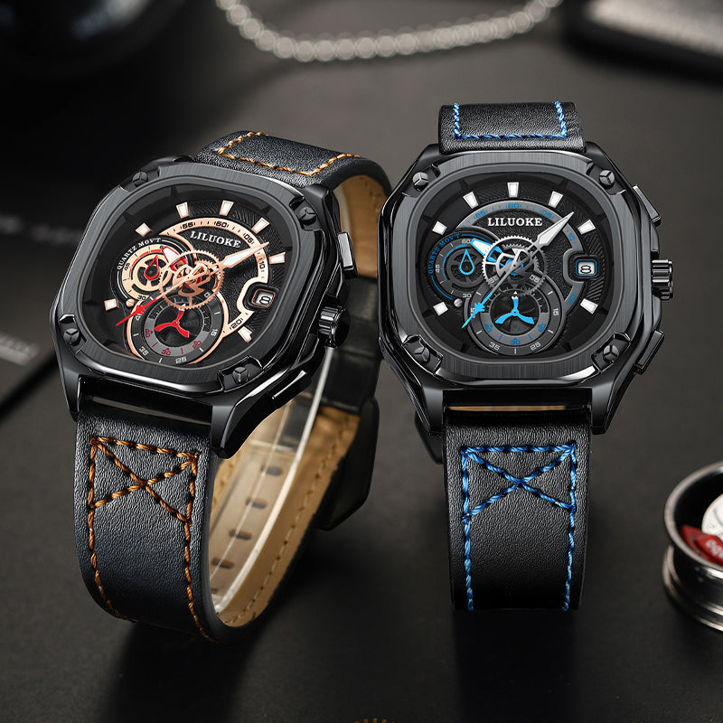 LILUOKE Men's Fashion Watch – Multifunction Quartz Chronograph with Date, Leather Strap, Skeleton Dial, (DT-LK9007G)