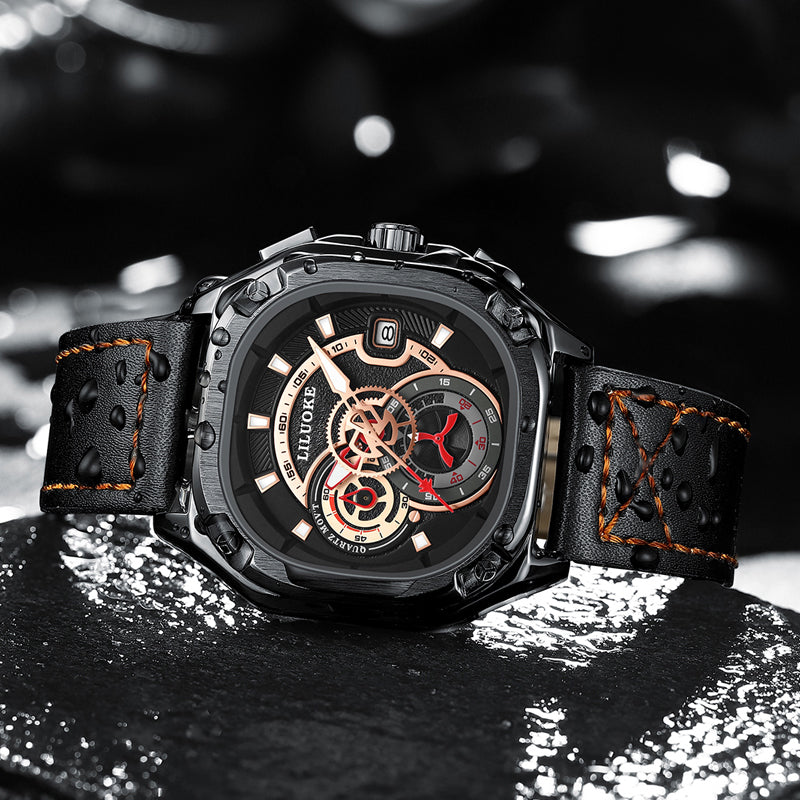 LILUOKE Men's Fashion Watch – Multifunction Quartz Chronograph with Date, Leather Strap, Skeleton Dial, (DT-LK9007G)