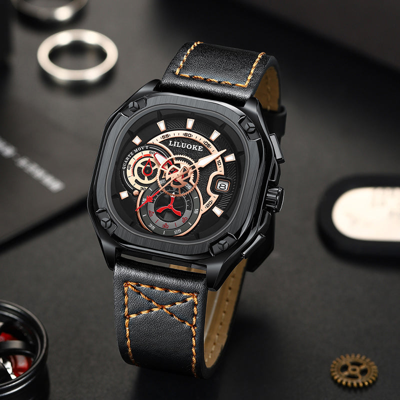 LILUOKE Men's Fashion Watch – Multifunction Quartz Chronograph with Date, Leather Strap, Skeleton Dial, (DT-LK9007G)