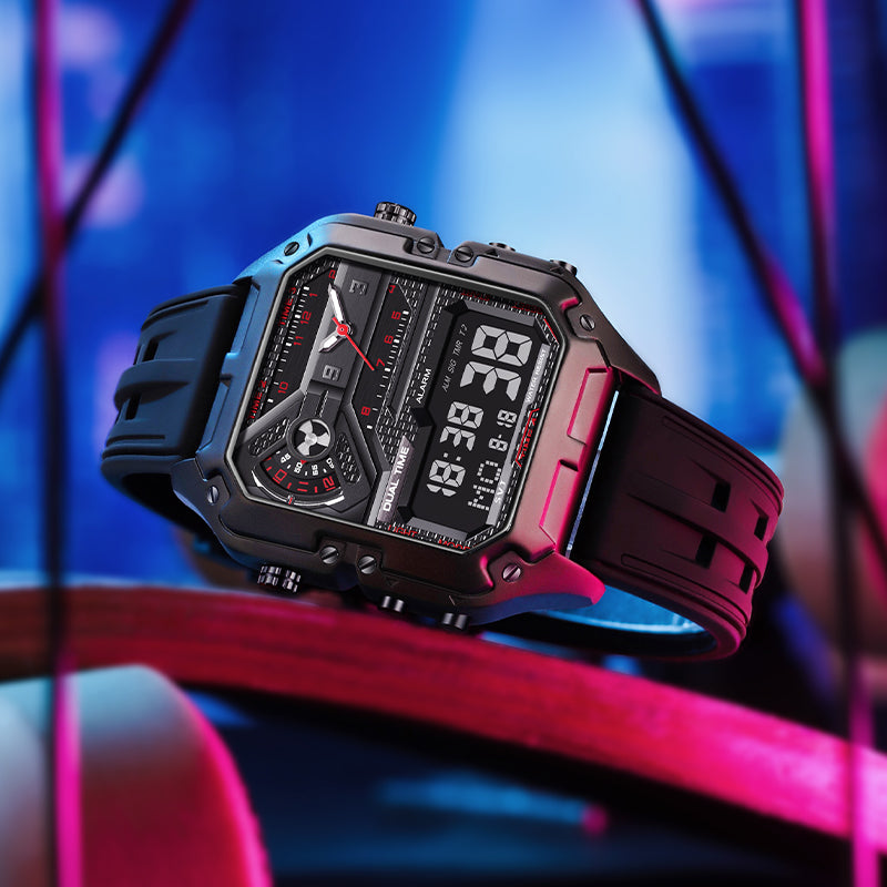 LILUOKE Versatile and Stylish Dual Display Watch - Dual Time Zone Functionality, Multi-Functional Features（DT-LK9022G-01）