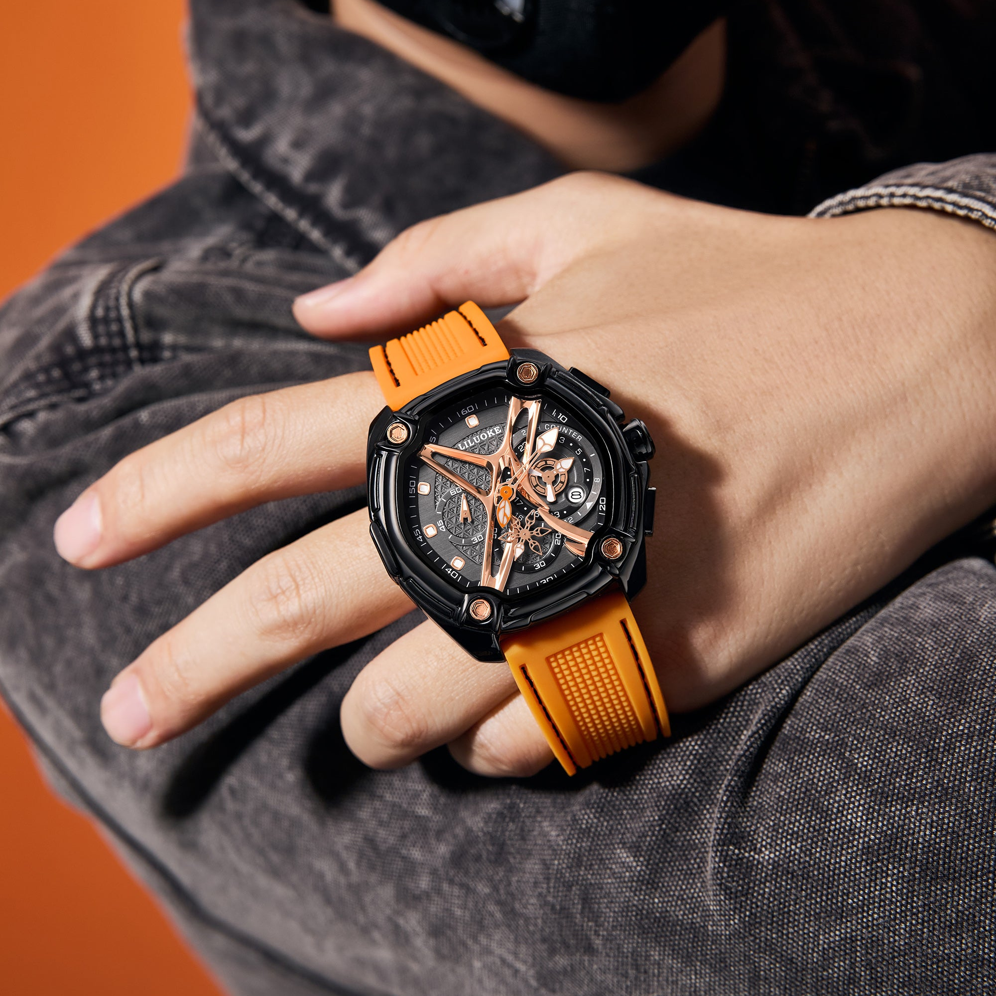 LiluokeWatches X‑Frame Skeleton Chronograph Watch – Industrial Hex‑Screw Accent & Geometric Skeleton Dial | High‑Precision Japanese Quartz Movement （DT-LK9027G)